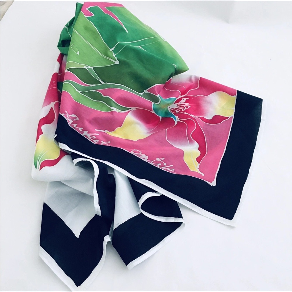 Vintage Tropical Giant Scarf Wrap Floral Batik Phuket 66x44 in Cotton Linen Feel